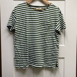 Madewell worn once olive green and white striped t shirt top EUC